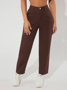 SHEIN PETITE High Waist Straight Leg Jeans - Coffee Brown - View 1