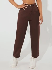 SHEIN PETITE High Waist Straight Leg Jeans - Coffee Brown - View 3