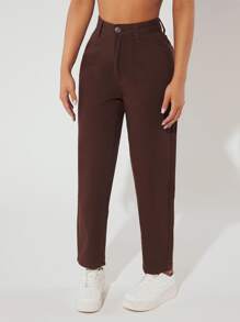SHEIN PETITE High Waist Straight Leg Jeans - Coffee Brown - View 5