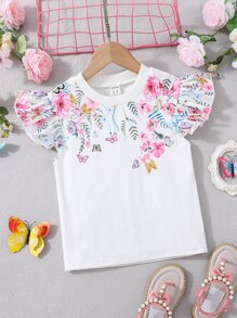 SHEIN 女孩印花蝴蝶袖T恤
