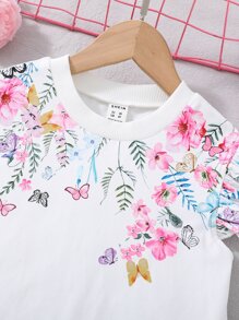 SHEIN 女孩印花蝴蝶袖T恤