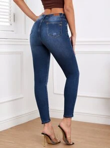 Jeans ajustados desgarro con bolsillo oblicuo - Azul lavado oscuro - Ver 2