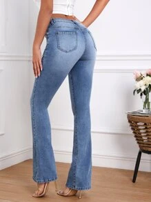 Slant Pocket Flare Leg Jeans - Medium Wash - View 2