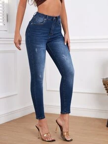 Jeans ajustados desgarro con bolsillo oblicuo - Azul lavado oscuro - Ver 5