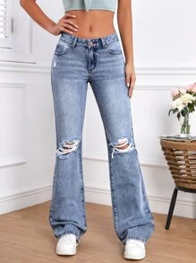 SHEIN Tall Jeans de pierna amplia desgarro - Azul lavado medio - Ver 1