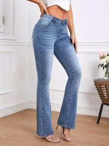 Slant Pocket Flare Leg Jeans - Medium Wash - View 3