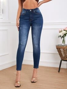 Jeans ajustados desgarro con bolsillo oblicuo - Azul lavado oscuro - Ver 6
