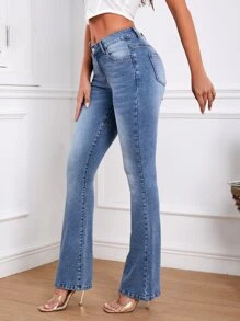 Slant Pocket Flare Leg Jeans - Medium Wash - View 4