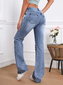 SHEIN Tall Jeans de pierna amplia desgarro - Azul lavado medio - Ver 2