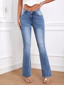 Slant Pocket Flare Leg Jeans - Medium Wash - View 6