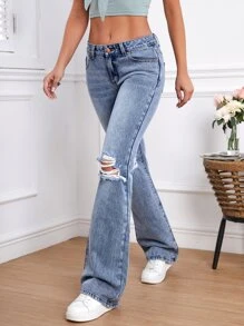 SHEIN Tall Jeans de pierna amplia desgarro - Azul lavado medio - Ver 4