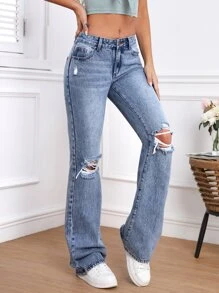 SHEIN Tall Jeans de pierna amplia desgarro - Azul lavado medio - Ver 5