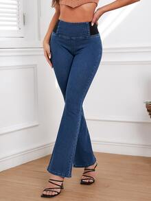 Elastic Waist Flare Leg Jeans - Dark Wash - View 3