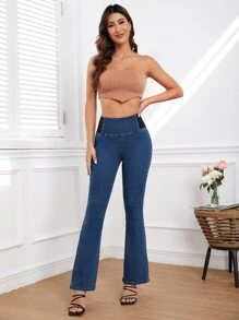 Elastic Waist Flare Leg Jeans - Dark Wash - View 4