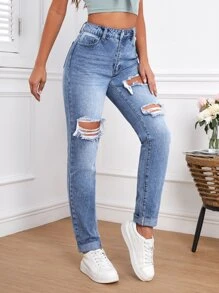 SHEIN Tall Jeans desgarro de talle alto - Lavado ligero - Ver 1