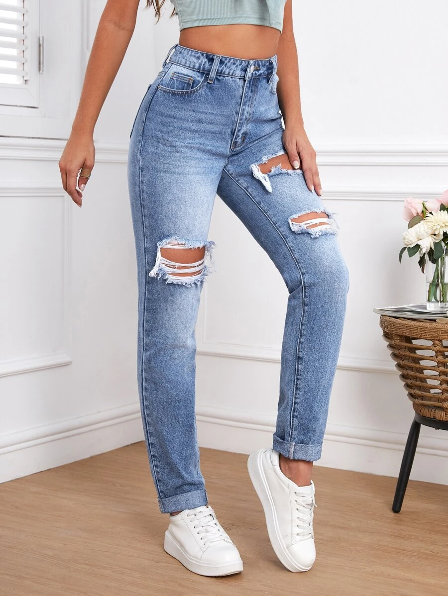 SHEIN Tall Jeans desgarro de talle alto - Lavado ligero - Ver 1