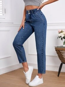 SHEIN Essnce Slant Pocket Mom Fit Jeans - Dark Wash - View 7