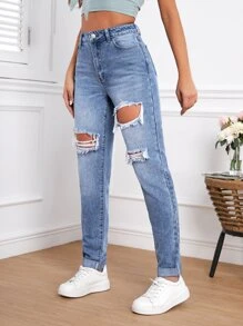 SHEIN Tall Jeans desgarro de talle alto - Lavado ligero - Ver 3