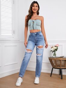 SHEIN Tall Jeans desgarro de talle alto - Lavado ligero - Ver 5
