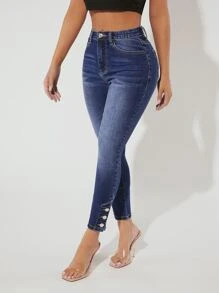 SHEIN PETITE Button Detail Skinny Jeans - Dark Wash - View 1