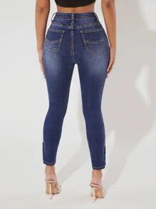 SHEIN PETITE Button Detail Skinny Jeans - Dark Wash - View 2