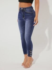 SHEIN PETITE Button Detail Skinny Jeans - Dark Wash - View 4