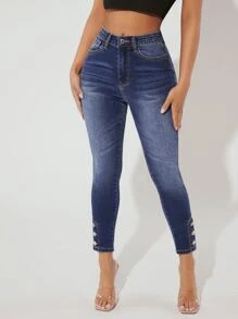 SHEIN PETITE Button Detail Skinny Jeans - Dark Wash - View 5