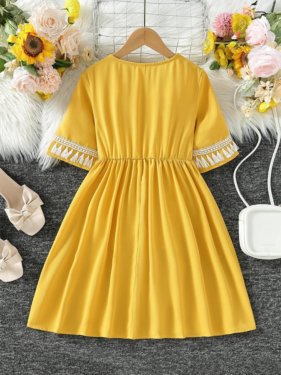 Tween Girl Guipure Lace Panel Tassel Trim Dress