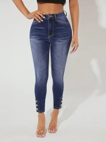 SHEIN PETITE Button Detail Skinny Jeans - Dark Wash - View 6