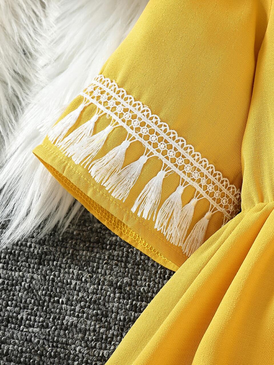 Tween Girl Guipure Lace Panel Tassel Trim Dress
