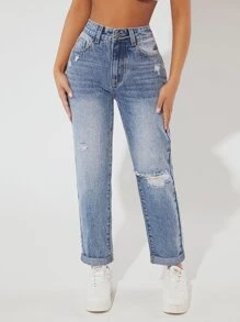 SHEIN PETITE Jeans desgarro doblado - Lavado ligero - Ver 1