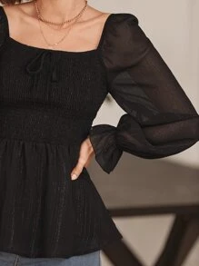 SHEIN Frenchy 荷葉袖荷葉邊下擺襯衫 - 黑色 - 查看 2