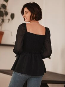 SHEIN Frenchy 荷葉袖荷葉邊下擺襯衫 - 黑色 - 查看 4