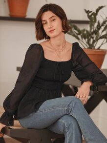 SHEIN Frenchy 荷葉袖荷葉邊下擺襯衫 - 黑色 - 查看 5