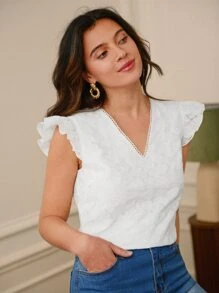 SHEIN Frenchy V-Neck Ruffle Armhole Schiffy Top Summer Elegant White White