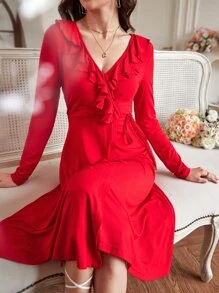 SHEIN Frenchy Ruffle Trim Knot Side Wrap Hem Dress - Red - View 5