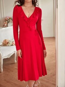 SHEIN Frenchy Ruffle Trim Knot Side Wrap Hem Dress - Red - View 3