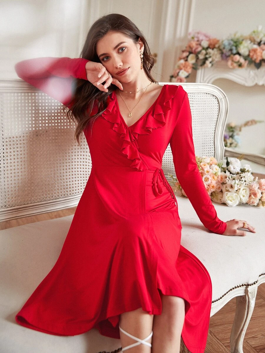 SHEIN Frenchy Ruffle Trim Knot Side Wrap Hem Dress - Red - View 1