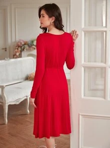 SHEIN Frenchy Ruffle Trim Knot Side Wrap Hem Dress - Red - View 6