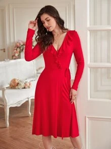 SHEIN Frenchy Ruffle Trim Knot Side Wrap Hem Dress - Red - View 7