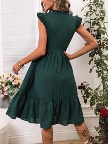 Breezaya 圓點蝴蝶袖荷葉邊連衣裙 - 墨綠色 - 查看 2