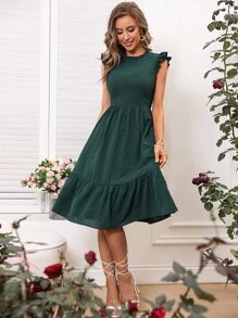 Breezaya 圓點蝴蝶袖荷葉邊連衣裙 - 墨綠色 - 查看 5