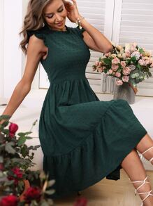 Breezaya 圓點蝴蝶袖荷葉邊連衣裙 - 墨綠色 - 查看 6