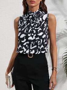 SHEIN Clasi Áo sơ mi nữ Thắt nơ trước Tất cả trên in Thanh lịch - Đen và trắng - Xem 1