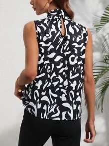 SHEIN Clasi Áo sơ mi nữ Thắt nơ trước Tất cả trên in Thanh lịch - Đen và trắng - Xem 2