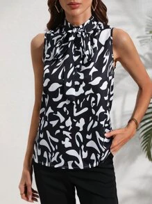 SHEIN Clasi Áo sơ mi nữ Thắt nơ trước Tất cả trên in Thanh lịch - Đen và trắng - Xem 4