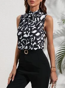 SHEIN Clasi Áo sơ mi nữ Thắt nơ trước Tất cả trên in Thanh lịch - Đen và trắng - Xem 5