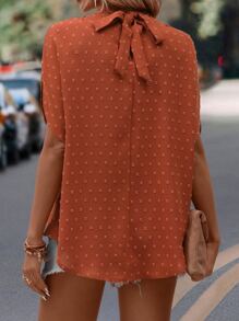SHEIN LUNE Swiss Dot Mock Neck Batwing Sleeve Blouse - Burnt Orange - View 2