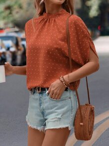 SHEIN LUNE Swiss Dot Mock Neck Batwing Sleeve Blouse - Burnt Orange - View 6
