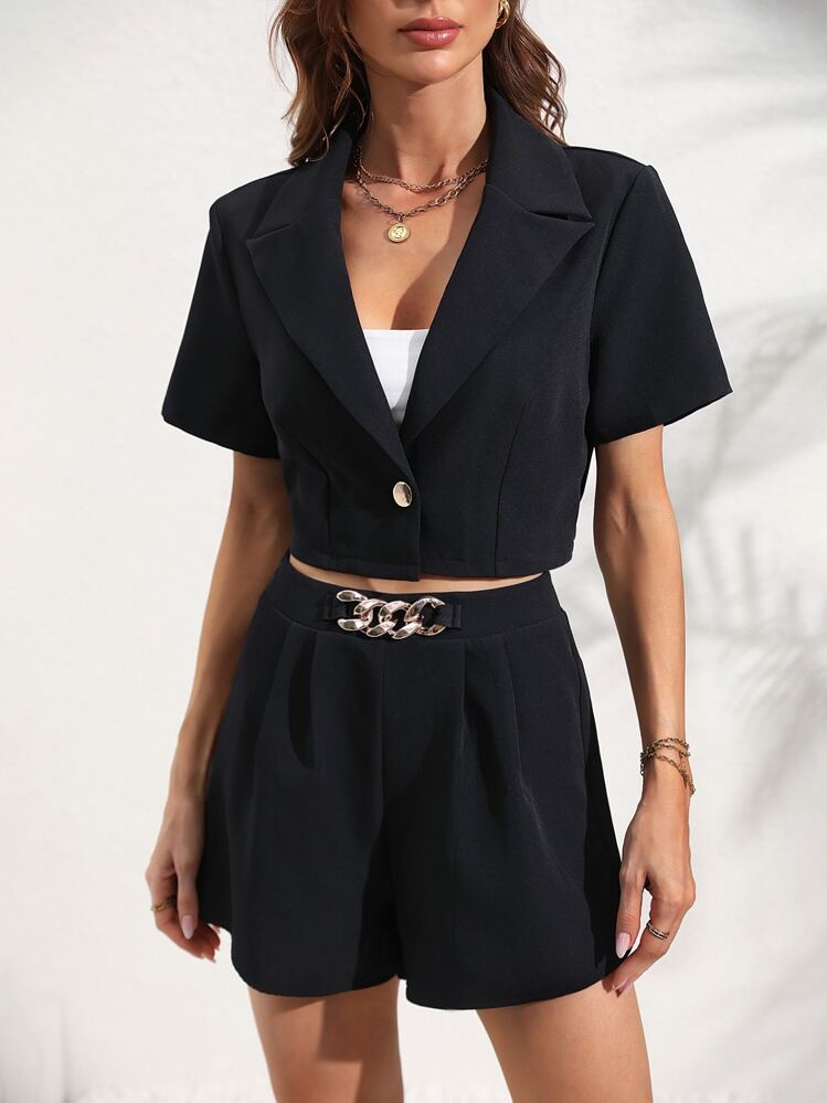 SHEIN Privé Lapel Neck Crop Blazer & Chain Detail Shorts - Black - View 1